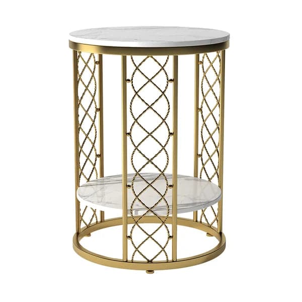 Modern White Round End Table with Storage Marble Side Table Metal in Gold