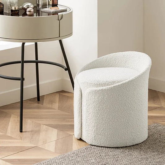 Modern White Round Lamb Wool Vanity Stool with Backrest