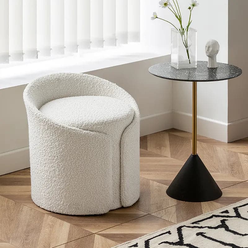 Modern White Round Lamb Wool Vanity Stool with Backrest