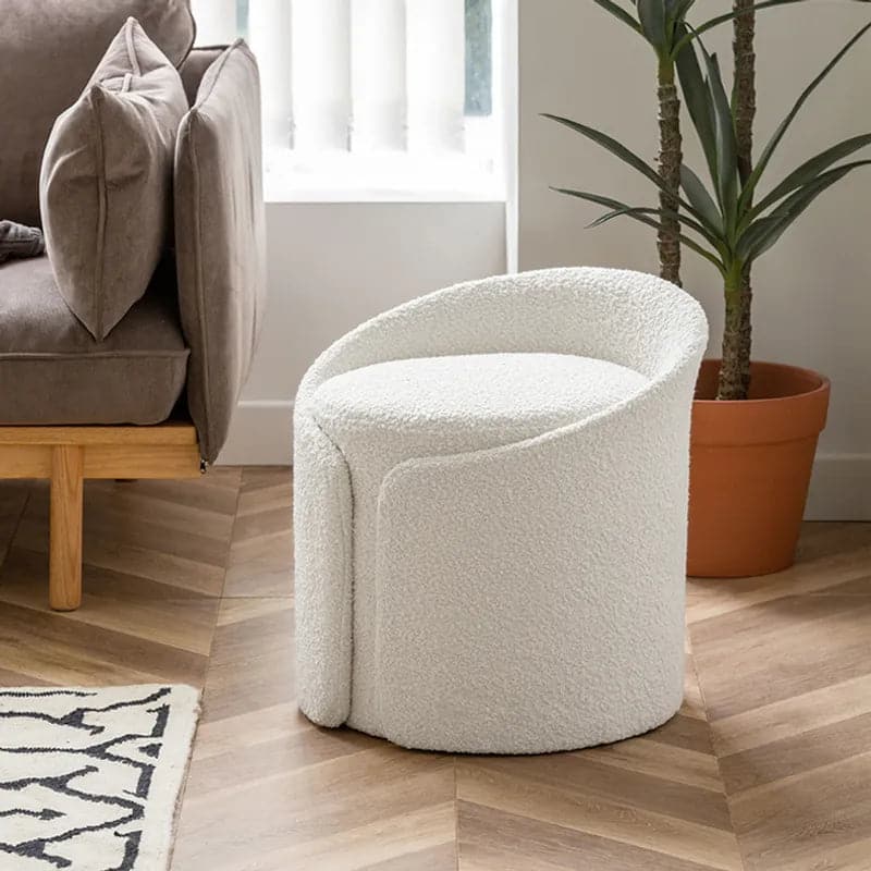 Modern White Round Lamb Wool Vanity Stool with Backrest