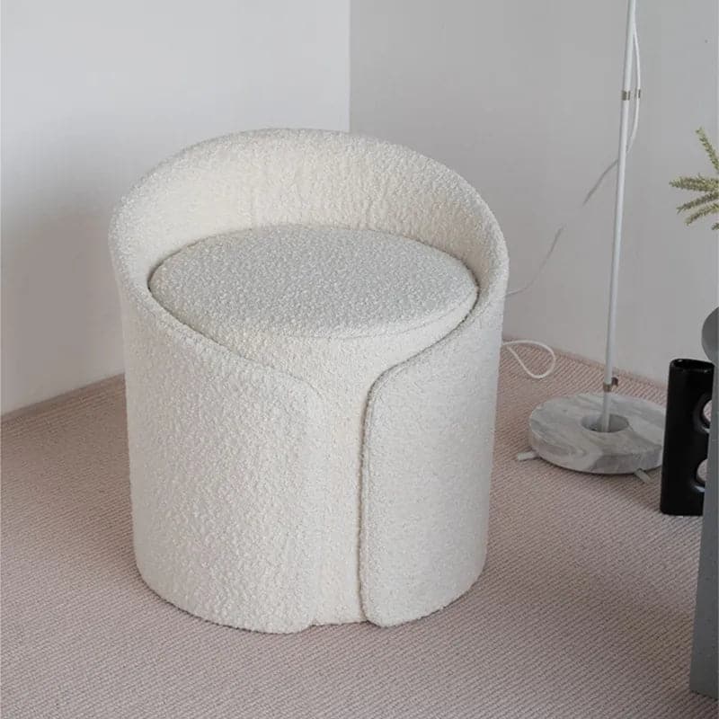 Modern White Round Lamb Wool Vanity Stool with Backrest