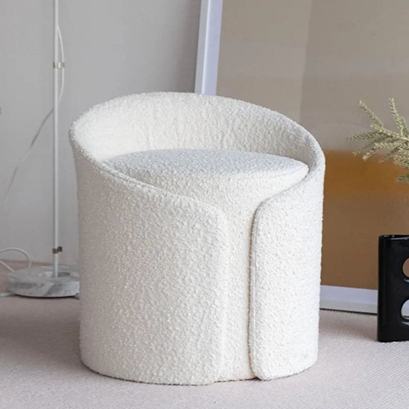 Modern White Round Lamb Wool Vanity Stool with Backrest