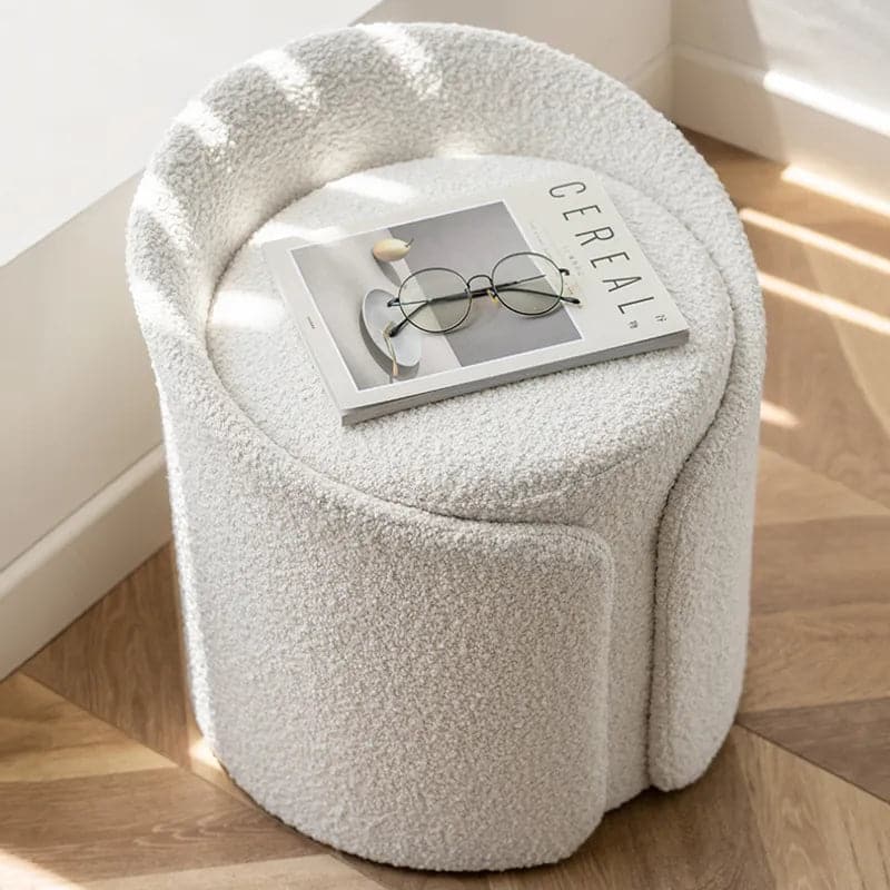 Modern White Round Lamb Wool Vanity Stool with Backrest