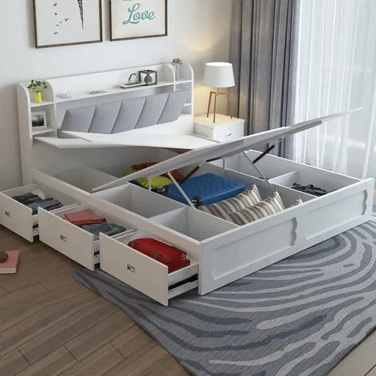 Modern White Storage Queen Bed Low Profile Queen Bed with 3 Drawers