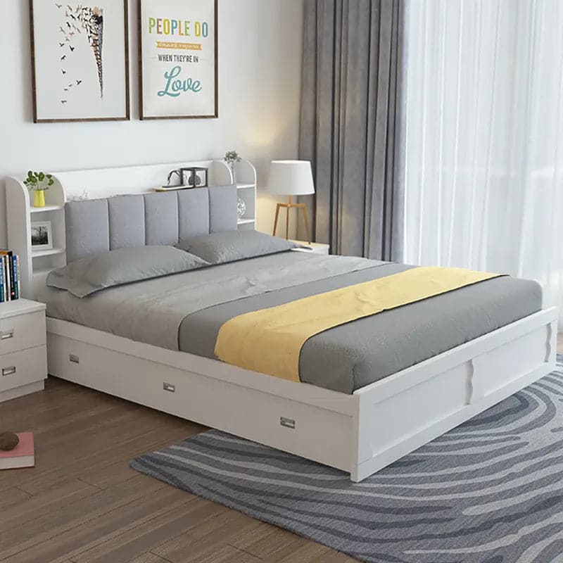 Modern White Storage Queen Bed Low Profile Queen Bed with 3 Drawers