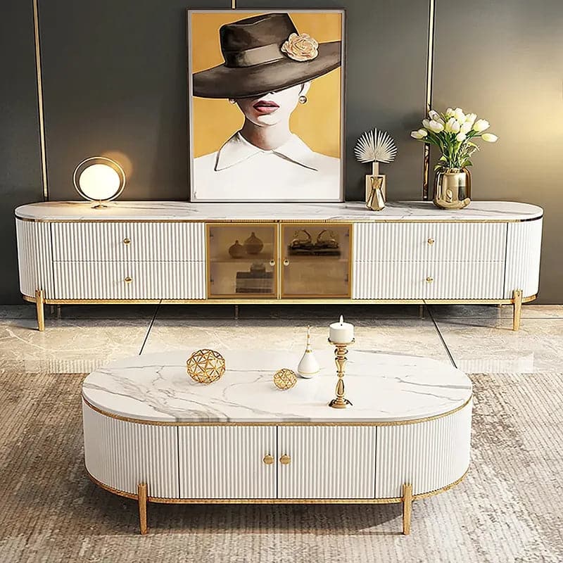 Modern White TV Stand with Oval Marble Top & Tempered Glass Doors Media Console