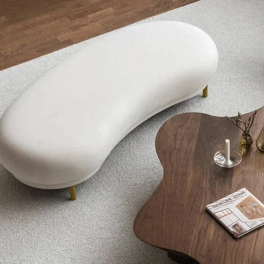 Modern White Velvet Bench Upholstered Curved Bench for End of Bed with Metal Legs