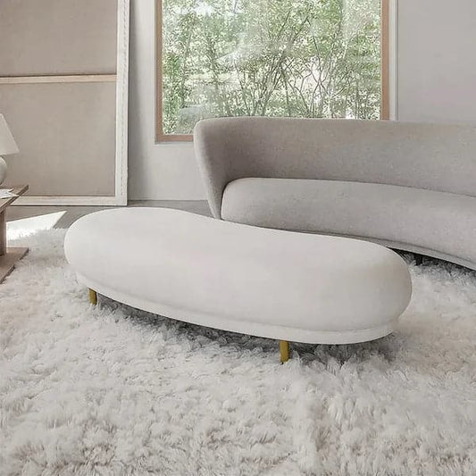 Modern White Velvet Bench Upholstered Curved Bench for End of Bed with Metal Legs