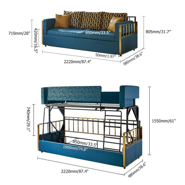 Modern Wood Bunk Bed Sleeper Convertible Sofa Bed 3-Seater Pillows Included