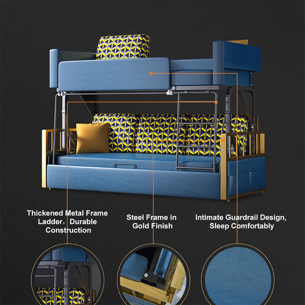 Modern Wood Bunk Bed Sleeper Convertible Sofa Bed 3-Seater Pillows Included