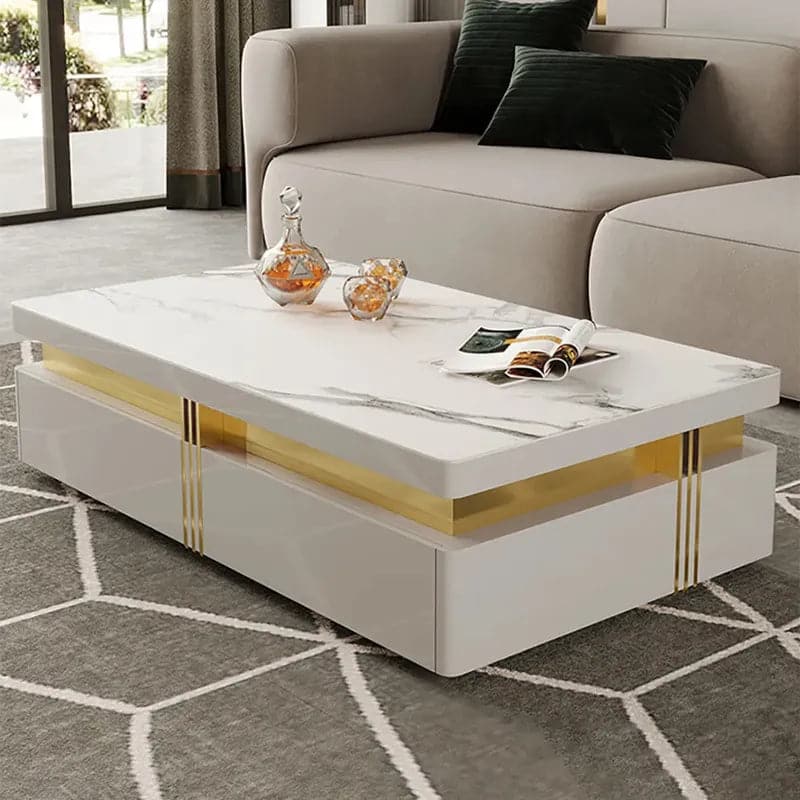 Modern Wood Coffee Table with Storage in White Center Table Stainless Steel Base