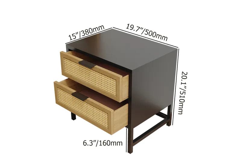 Modern Wood Nightstand Rattan Nightstand with 2 Drawers Storage for Bedroom