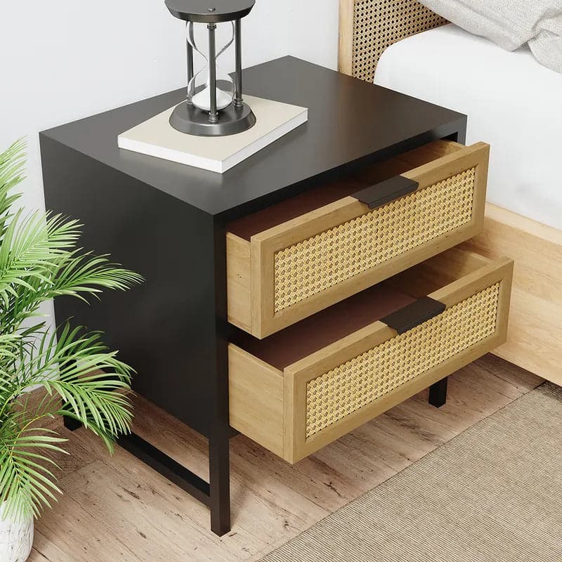 Modern Wood Nightstand Rattan Nightstand with 2 Drawers Storage for Bedroom