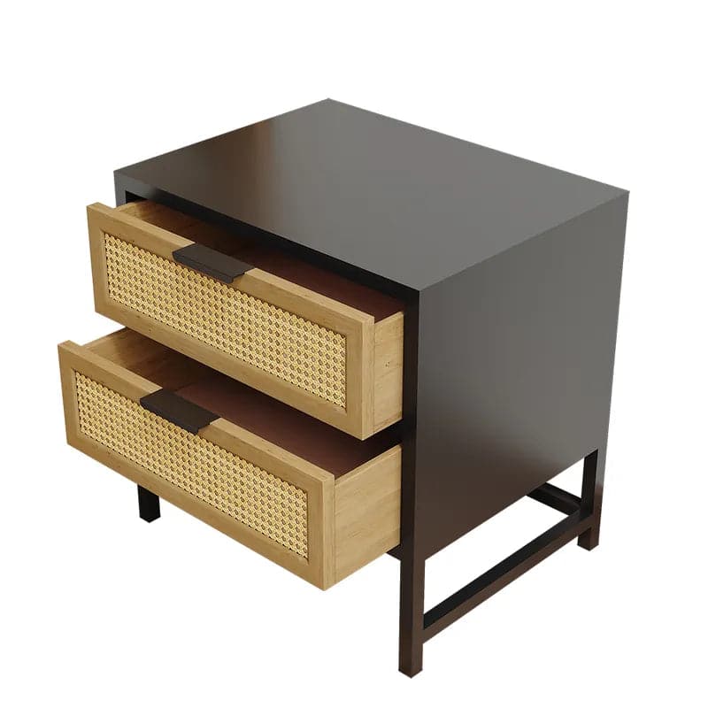 Modern Wood Nightstand Rattan Nightstand with 2 Drawers Storage for Bedroom