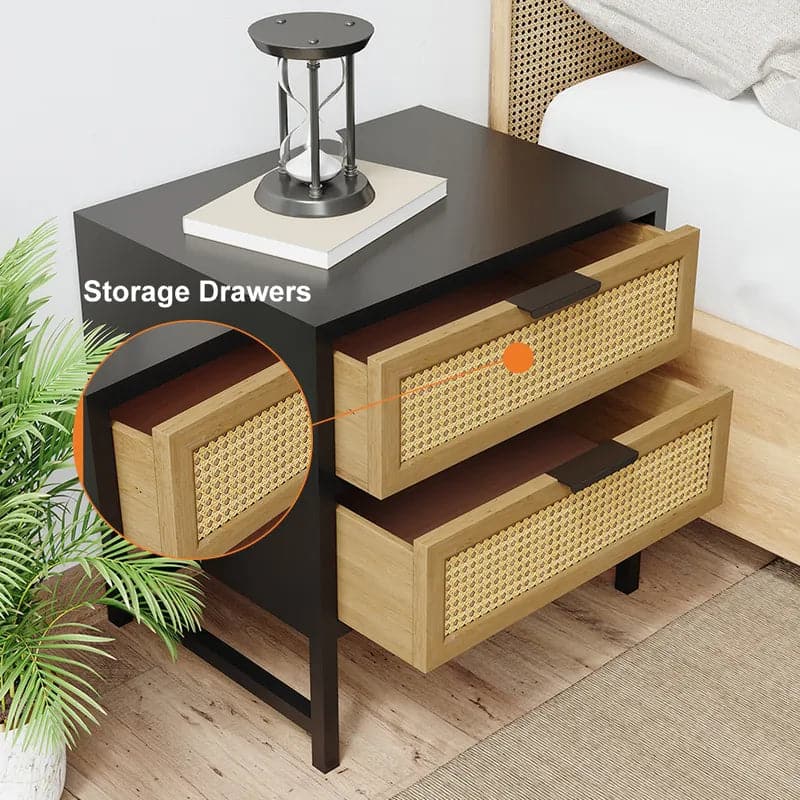 Modern Wood Nightstand Rattan Nightstand with 2 Drawers Storage for Bedroom