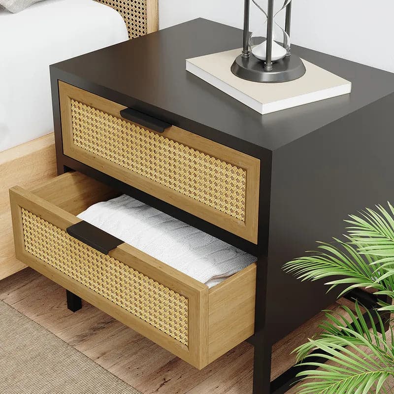 Modern Wood Nightstand Rattan Nightstand with 2 Drawers Storage for Bedroom