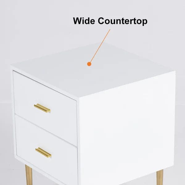 Modern Wood Nightstand with Gold Legs 2-Drawer Bedside Table in White