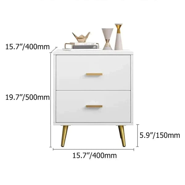 Modern Wood Nightstand with Gold Legs 2-Drawer Bedside Table in White