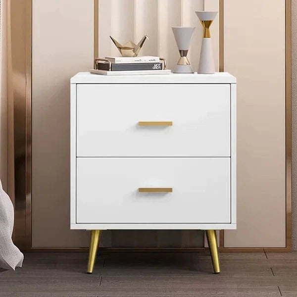 Modern Wood Nightstand with Gold Legs 2-Drawer Bedside Table in White