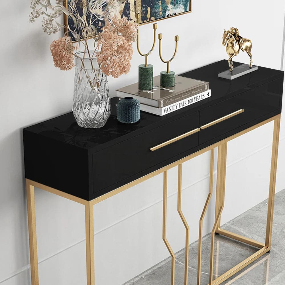 Narrow Console Table with Drawers Wood Top in Black