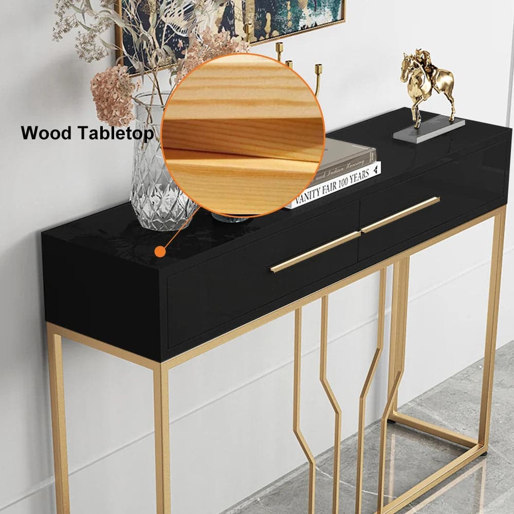 Narrow Console Table with Drawers Wood Top in Black