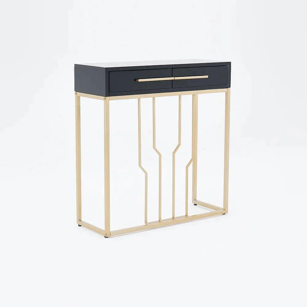 Narrow Console Table with Drawers Wood Top in Black