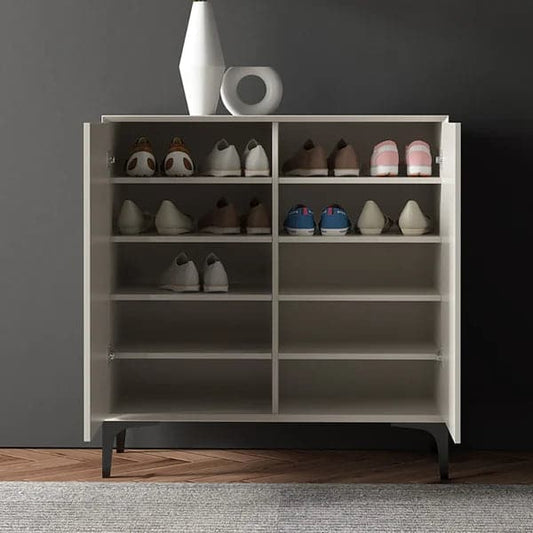 Nordic Minimalist Off White Wooden Shoe Cabinet with 2-Door 8-Shelf