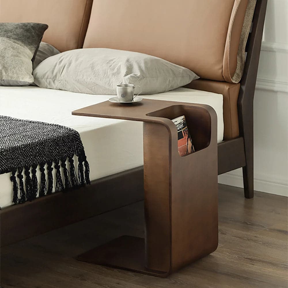 Wood C-Style End Table with Magazine Rack Organizer C Side Table in Walnut