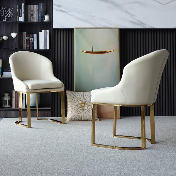 Off White Dining Chair Faux Leather Upholstered Side Chair Gold Frame (Set of 2)