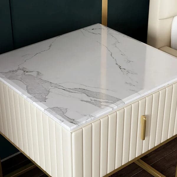 Off White Nightstand Faux Marble Top PU Upholstery 1-Drawer Bedside Table