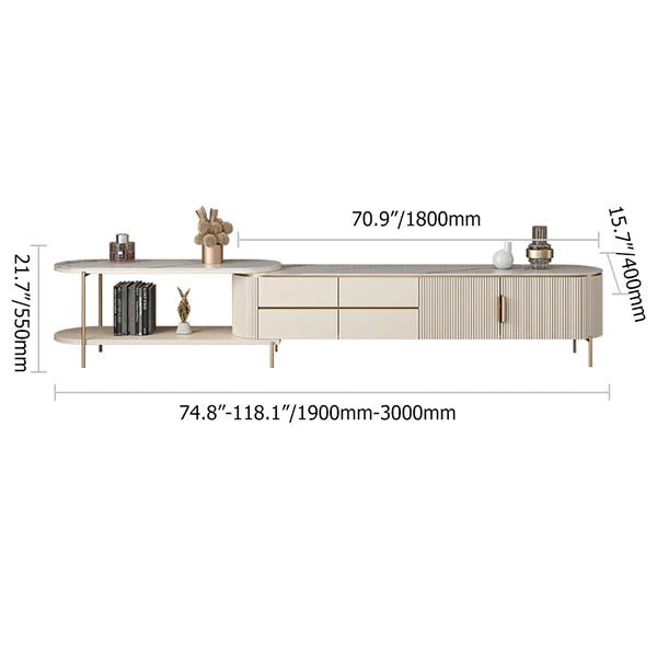Off White Oval Retractable Sintered Stone TV Stand Media Console with 4 Drawers