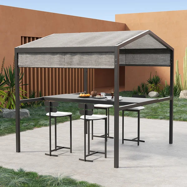 Outdoor Patio Adjustable Height Aluminum Dining Table with Canopy Convirt to Bar Table