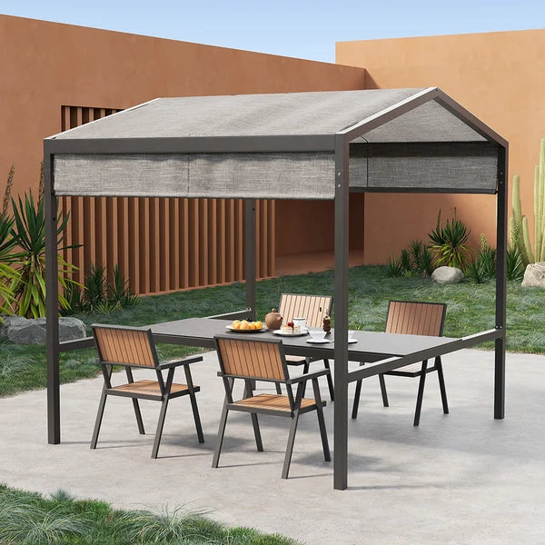 Outdoor Patio Adjustable Height Aluminum Dining Table with Canopy Convirt to Bar Table