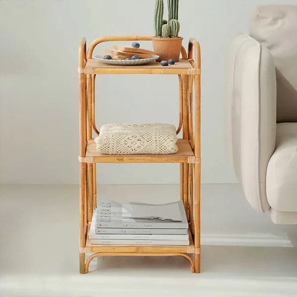 Pine Wood Side Table in Natural with 3-Tier Storage Rattan Woven End Table