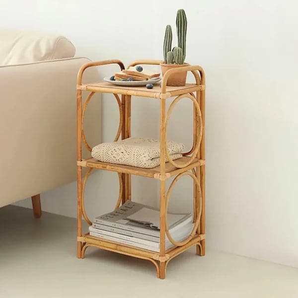 Pine Wood Side Table in Natural with 3-Tier Storage Rattan Woven End Table