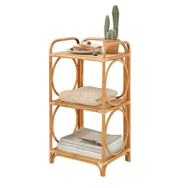 Pine Wood Side Table in Natural with 3-Tier Storage Rattan Woven End Table