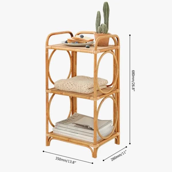 Pine Wood Side Table in Natural with 3-Tier Storage Rattan Woven End Table