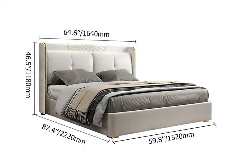 Queen Upholstered Platform Bed with Faux Leather Wingback Headboard in Off-White