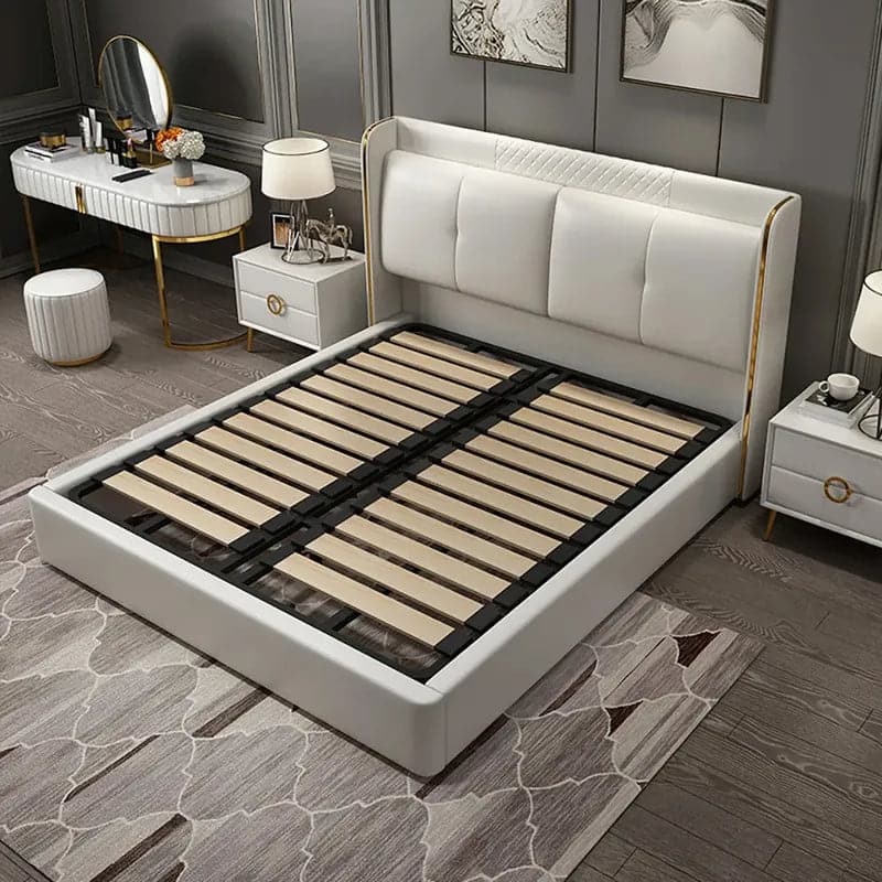 Queen Upholstered Platform Bed with Faux Leather Wingback Headboard in Off-White