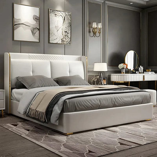 Queen Upholstered Platform Bed with Faux Leather Wingback Headboard in Off-White