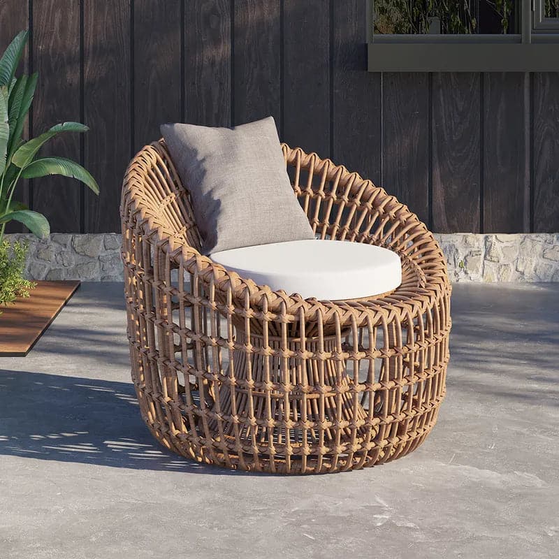 Rattan Outdoor Barrel Chair Nest Shape Sidechair with Cushion in Brown