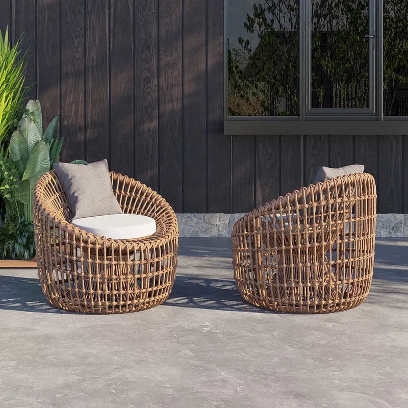 Rattan Outdoor Barrel Chair Nest Shape Sidechair with Cushion in Brown