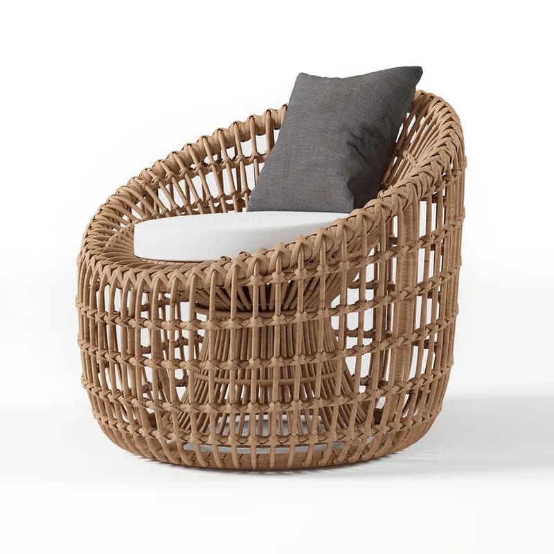 Rattan Outdoor Barrel Chair Nest Shape Sidechair with Cushion in Brown