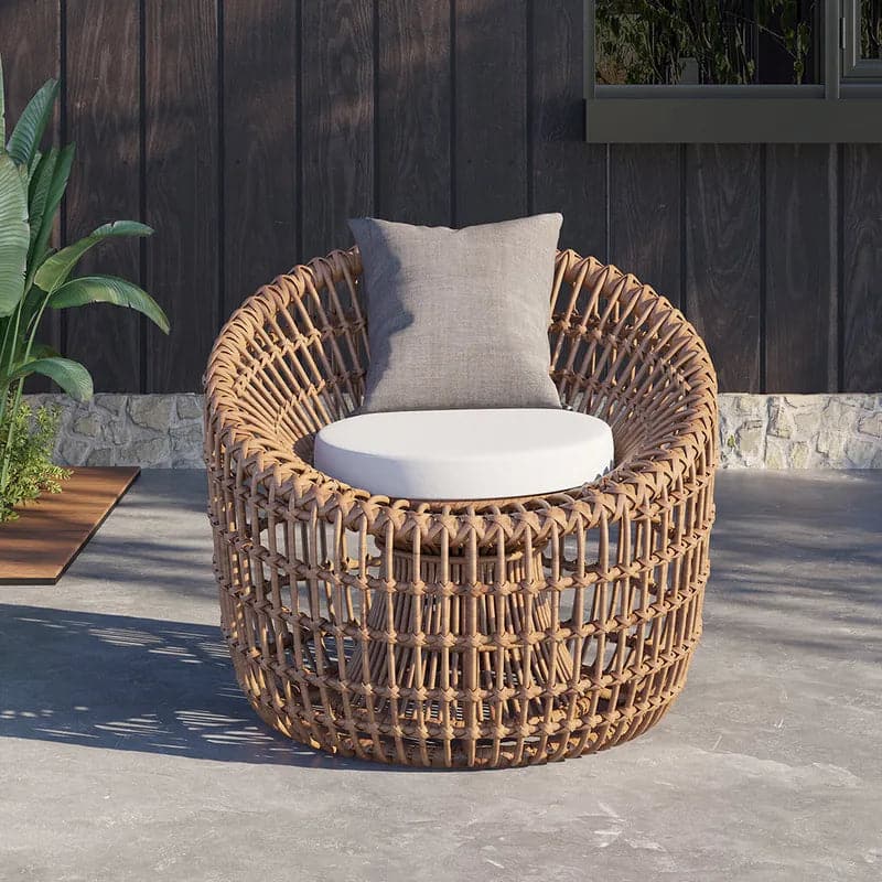 Rattan Outdoor Barrel Chair Nest Shape Sidechair with Cushion in Brown