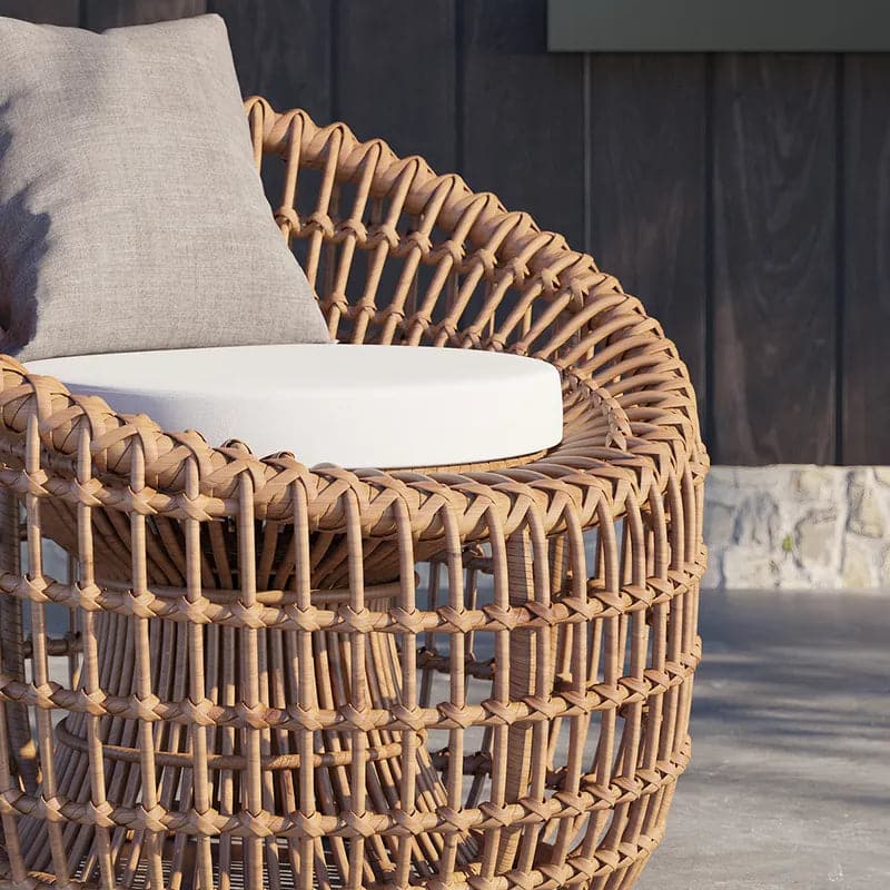 Rattan Outdoor Barrel Chair Nest Shape Sidechair with Cushion in Brown