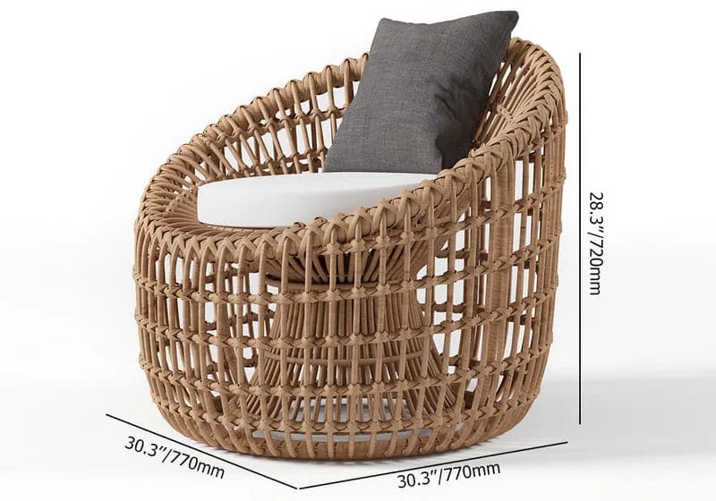 Rattan Outdoor Barrel Chair Nest Shape Sidechair with Cushion in Brown