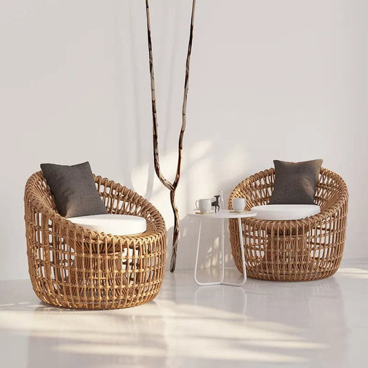 Rattan Outdoor Barrel Chair Nest Shape Sidechair with Cushion in Brown