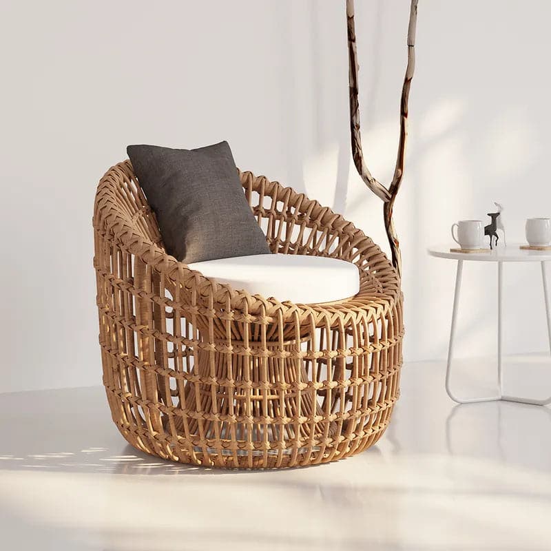 Rattan Outdoor Barrel Chair Nest Shape Sidechair with Cushion in Brown