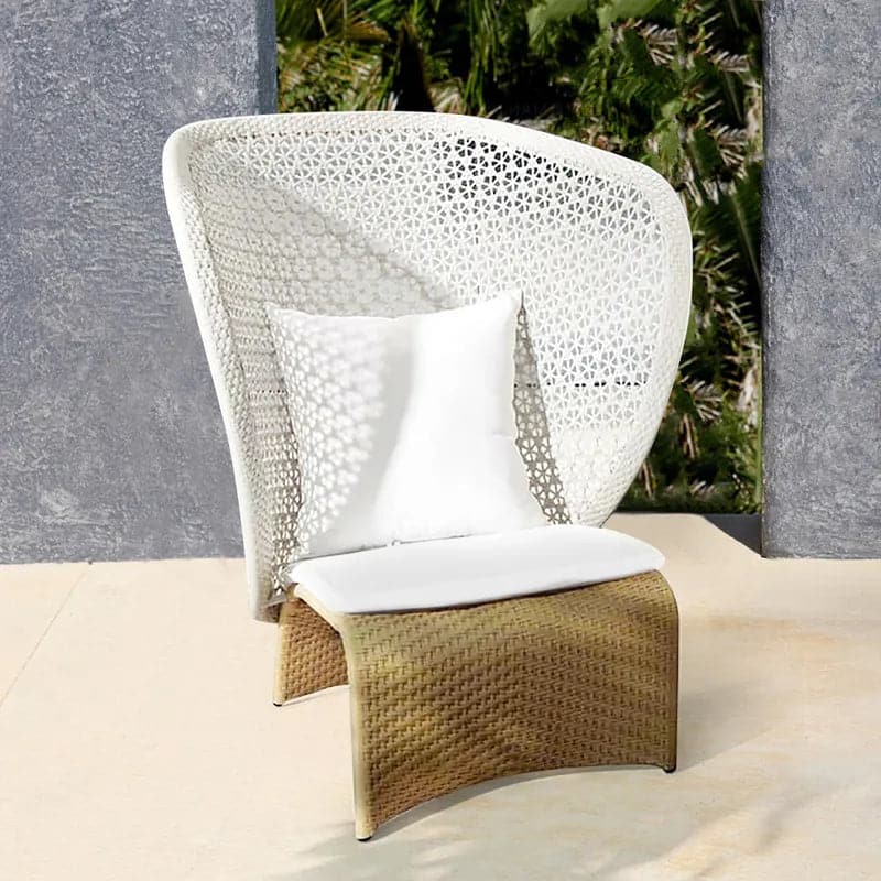 Rattan Outdoor Wingback Chair with White Cushion Pillow with Arched Bottom