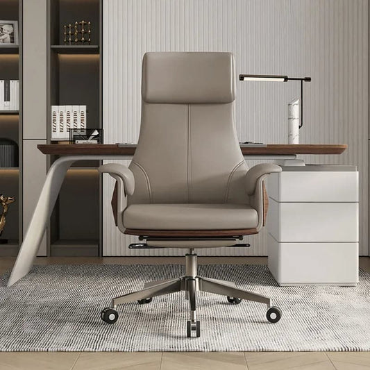 Reclining Leather Office Desk Chair High Back Adjustable Swivel Khaki Executive Chair